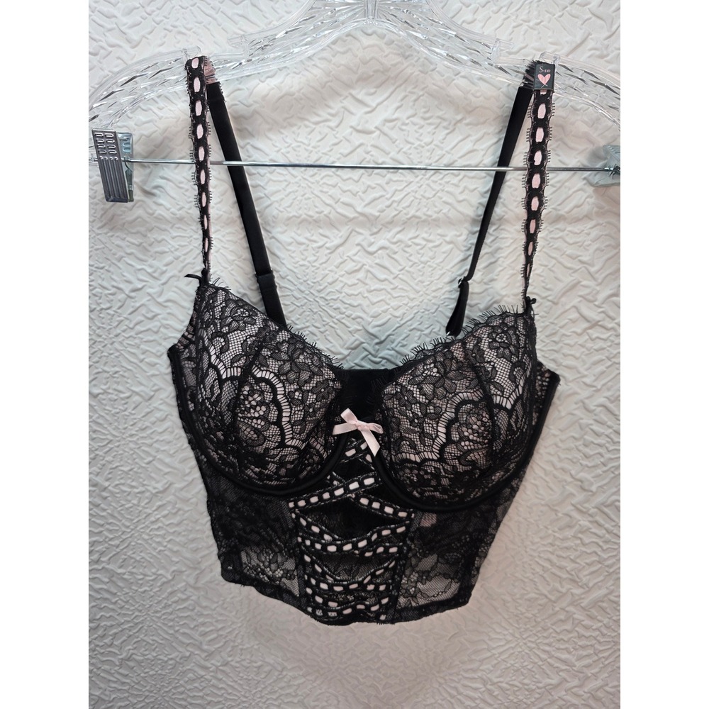 Victoria's Secret Bustier Top Womens S-DD Black Pink Excellent Lace Dream Angels